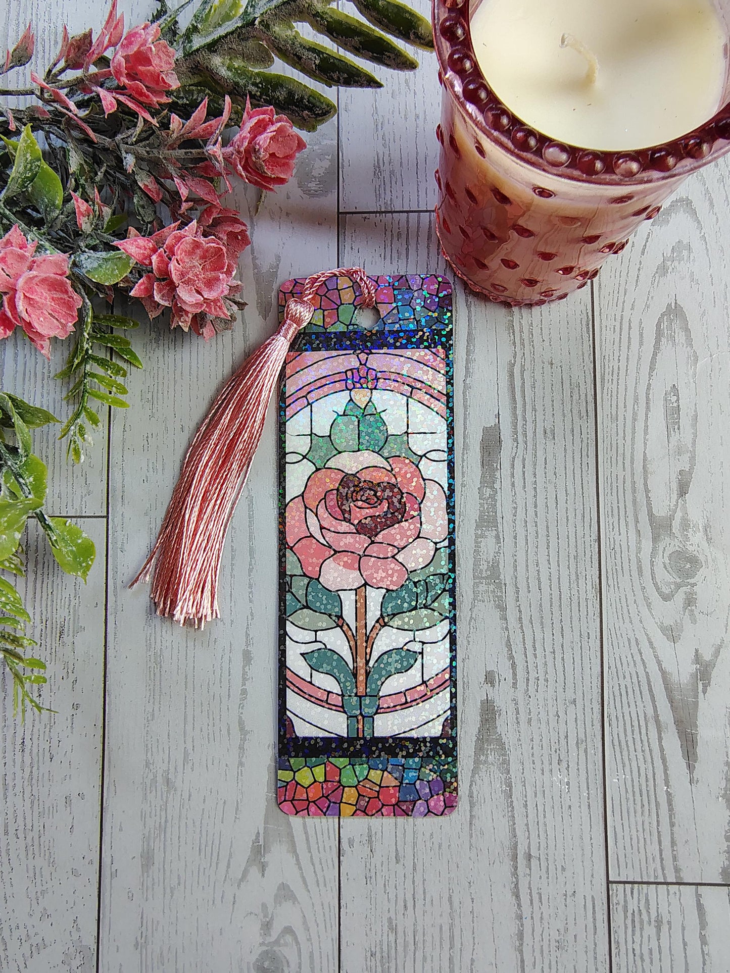 Stained Glass Bookmarks with Tassels and Rainbow Holographic lamination.