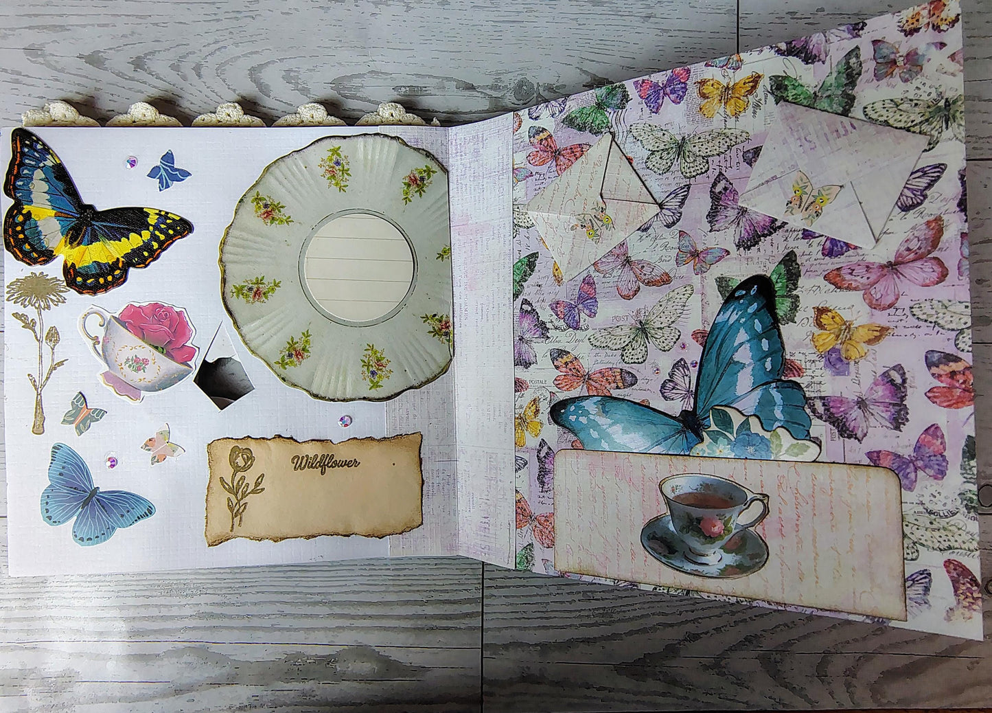 Tunnel book Journals, garden butterfly tea party.