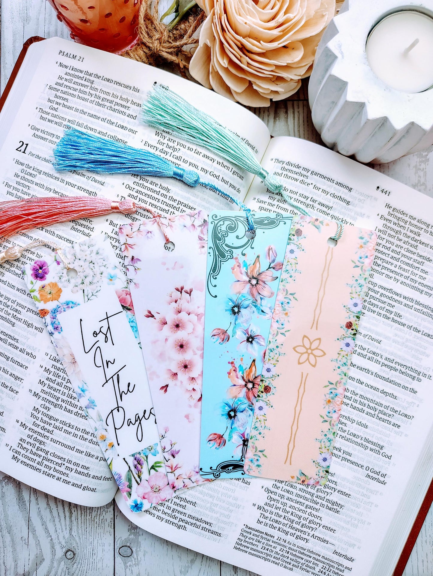 Pastel Floral Bookmarks with Tassels with lamination.