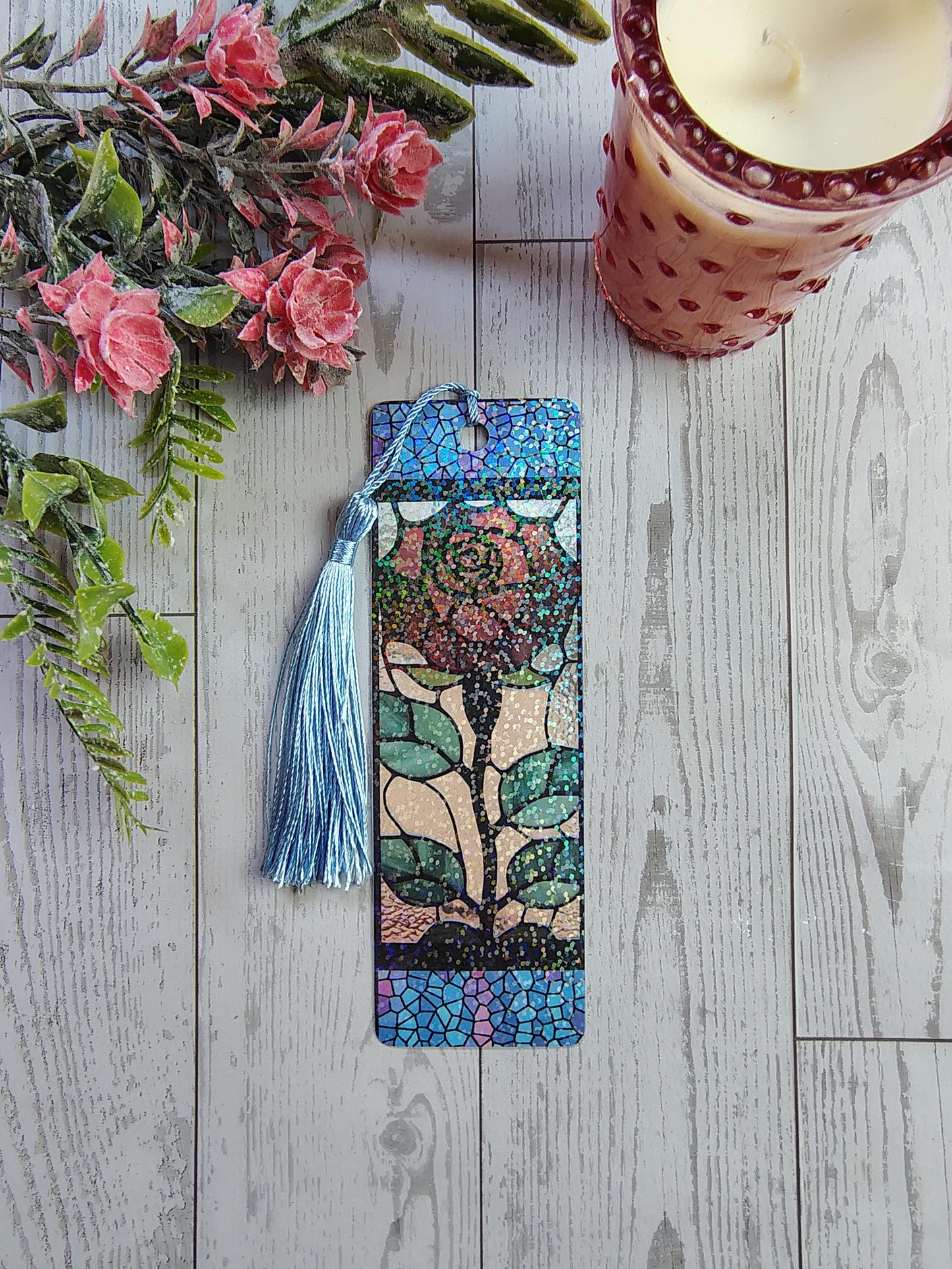 Stained Glass Bookmarks with Tassels and Rainbow Holographic lamination.