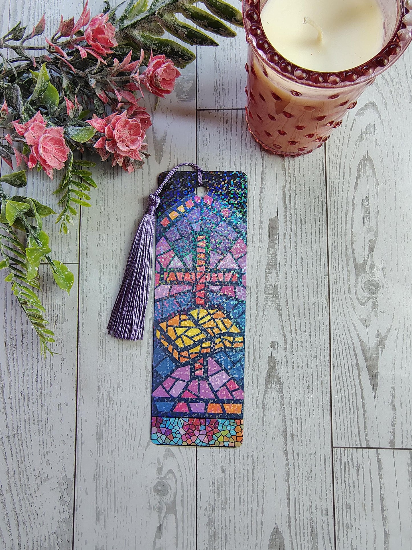 Stained Glass Bookmarks with Tassels and Rainbow Holographic lamination.