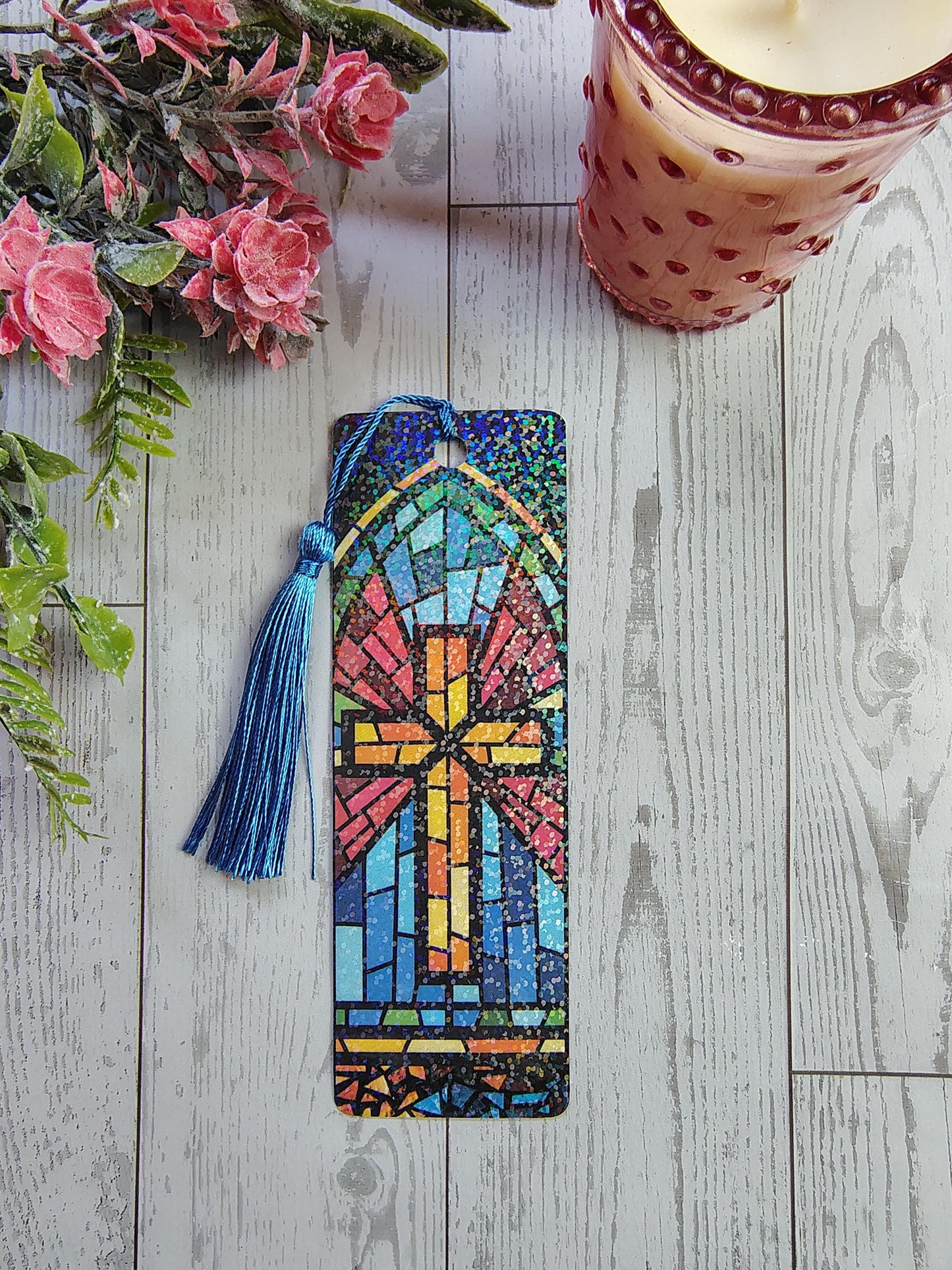 Stained Glass Bookmarks with Tassels and Rainbow Holographic lamination.