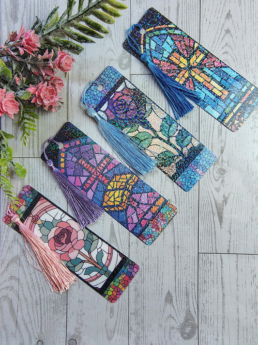 Stained Glass Bookmarks with Tassels and Rainbow Holographic lamination.