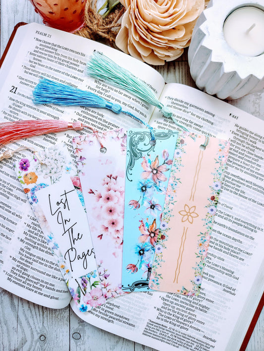 Pastel Floral Bookmarks with Tassels with lamination.