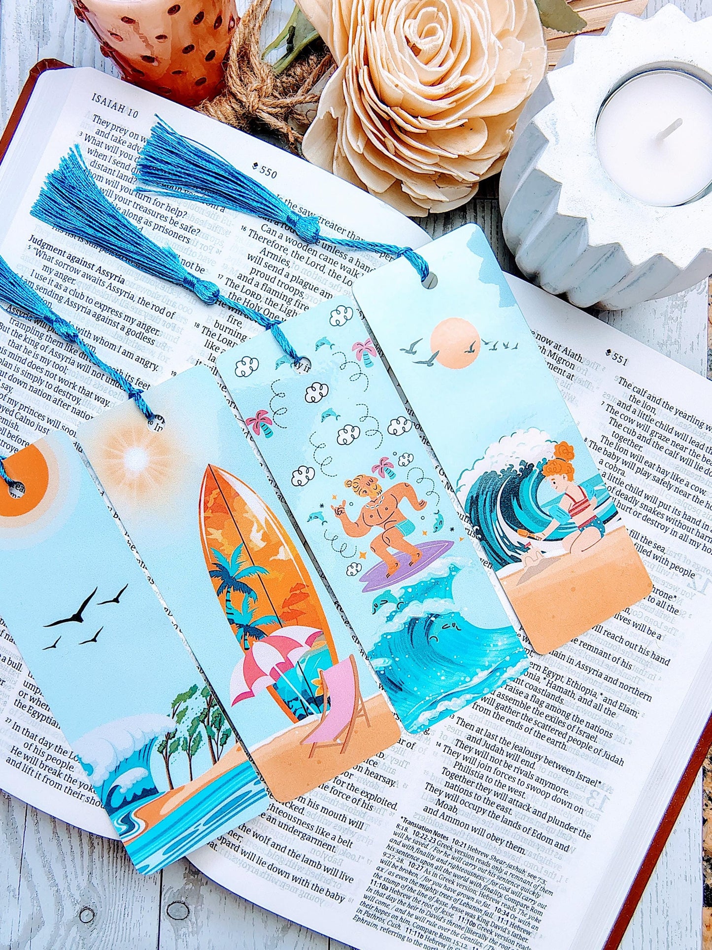 Retro Beach and Surfing Bookmarks with Tassels