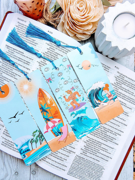 Retro Beach and Surfing Bookmarks with Tassels