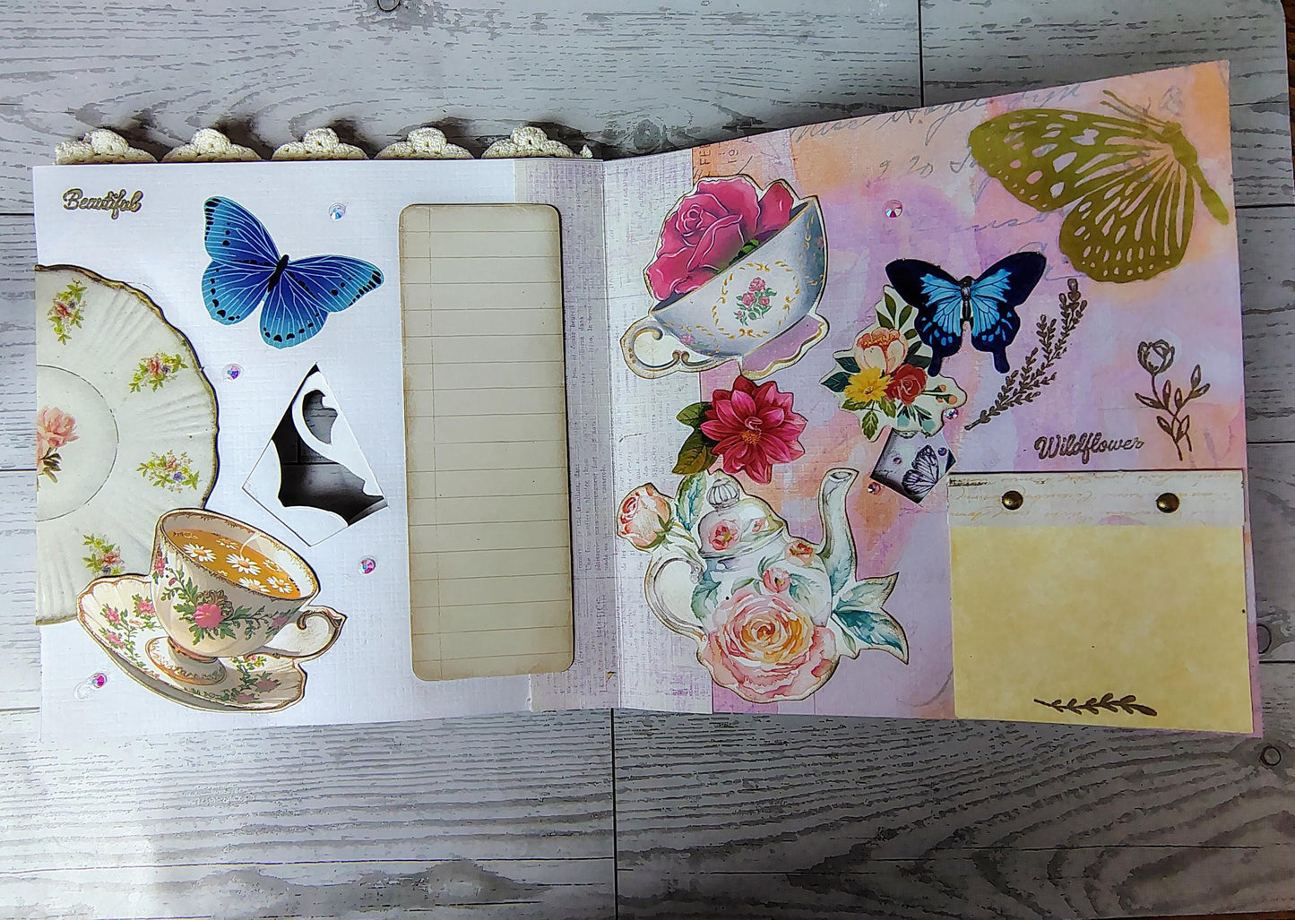 Tunnel book Journals, garden butterfly tea party.