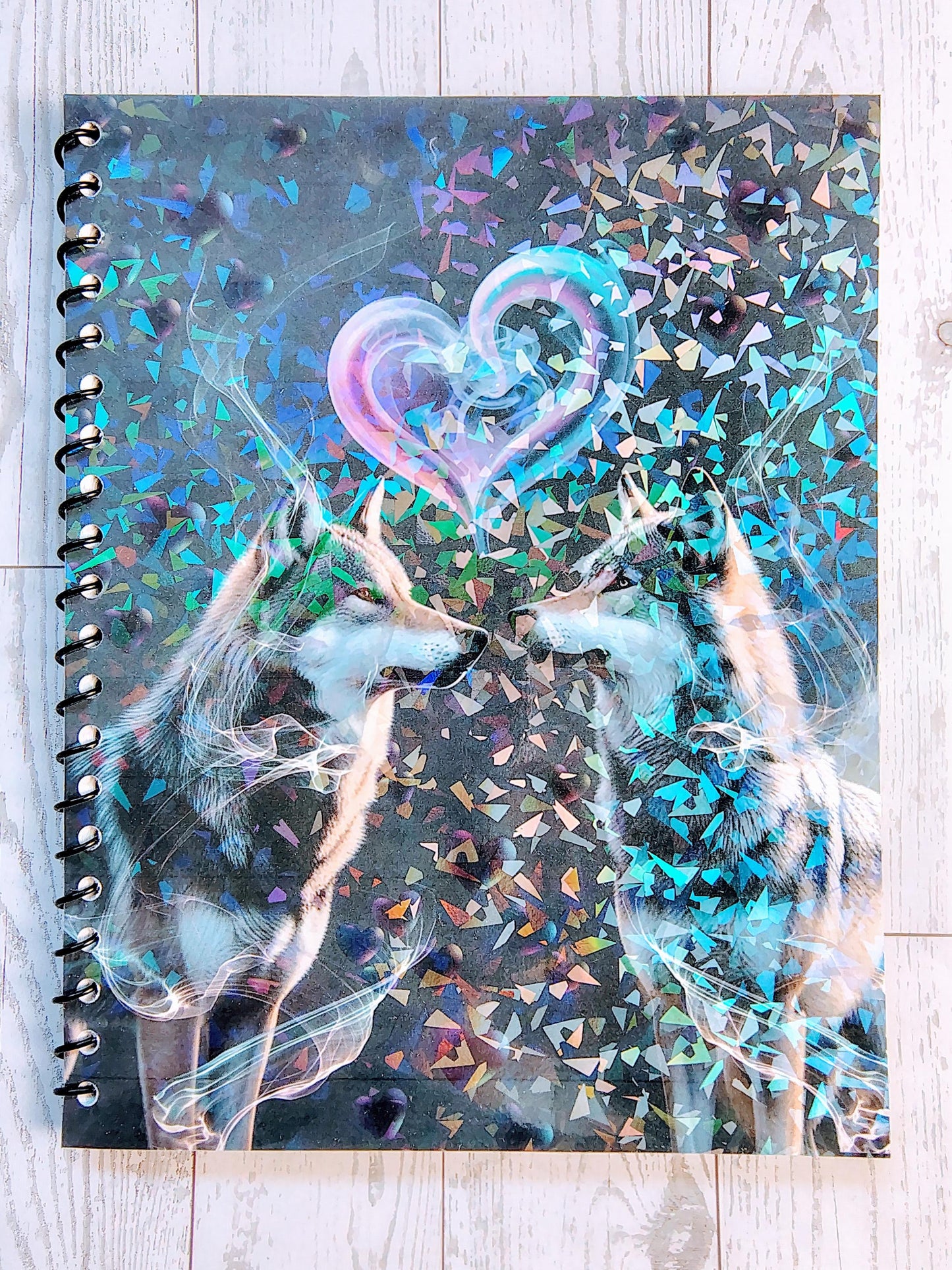 Holographic wolf and dragons Spiral Notebooks