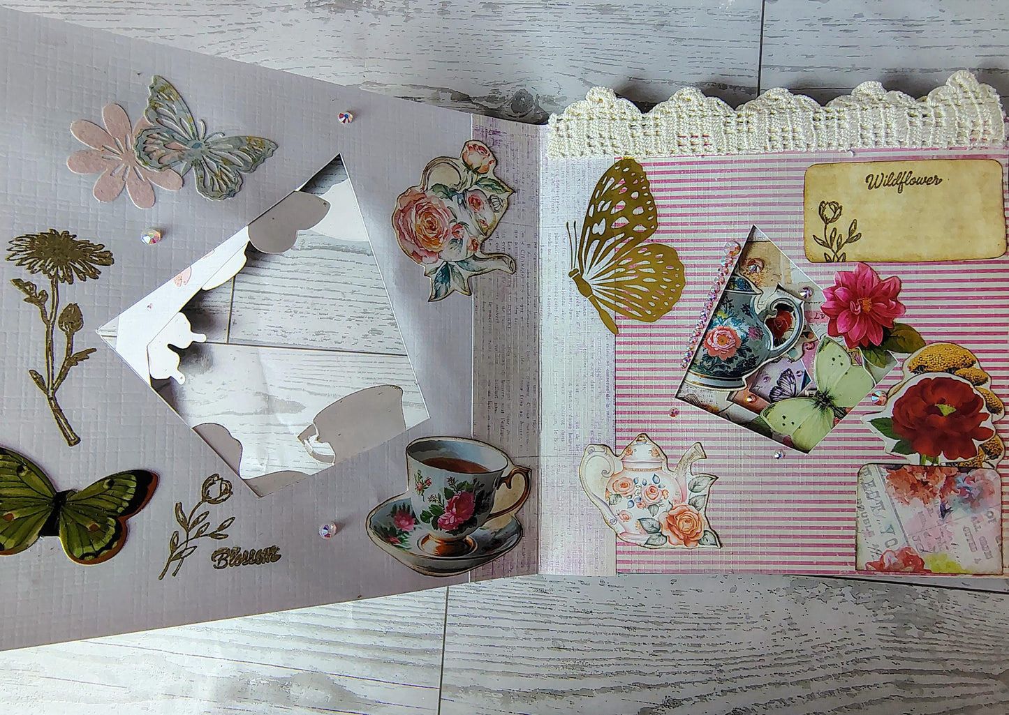 Tunnel book Journals, garden butterfly tea party.