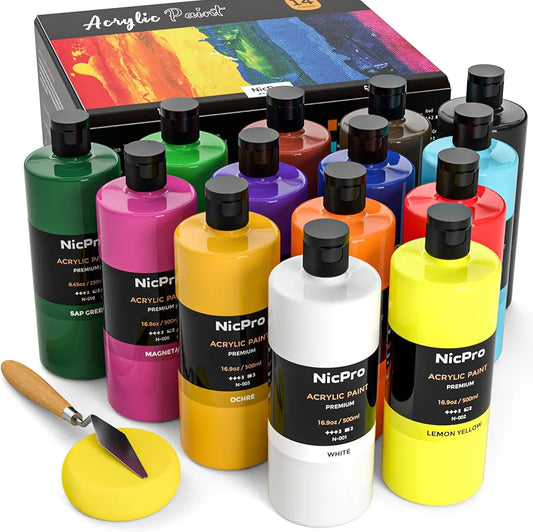 Nicpro 14 Colors Large Bulk Acrylic Paint Set (16.9 oz,500 ml)